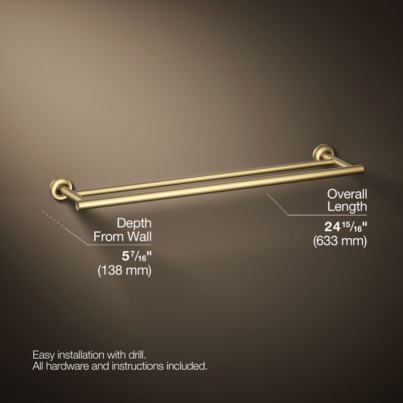 Purist® Double 24" Wall Mounted Towel Bar, Vibrant Brushed Moderne Brass