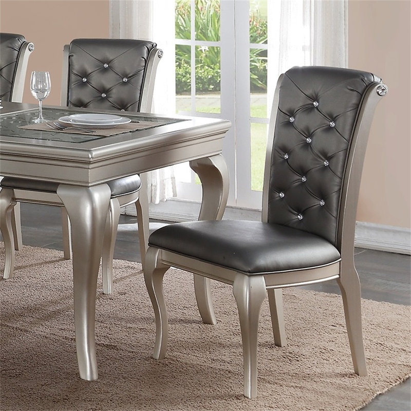 Dining Table Rectangle Glass Inert Top Silver Hue 7Pc Dining Table 6X Side Chairs Tufted Back Dining Room Furniture