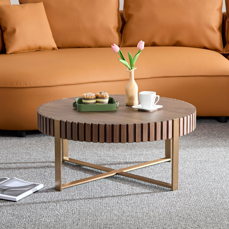 Modern Round Coffee Table with Metal Legs, Walnut