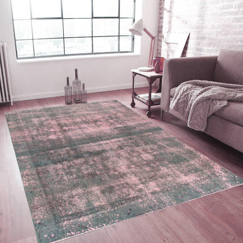 Vintage Hand Knotted Wool Area Rug in Salmon/Green