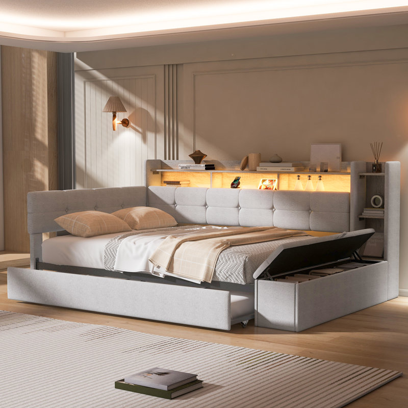Twin Size Upholstered Daybed with Trundle, Storage Footstool, Shelves, USB Charging & LED Light, Beige, Beige, Twin