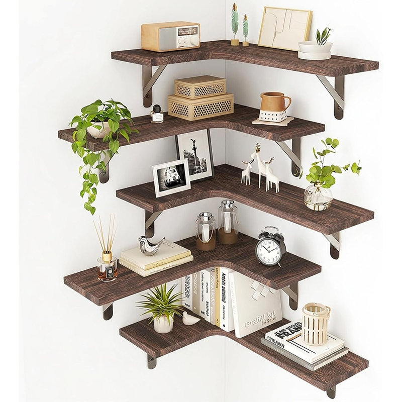 5-Pack Walnut Corner Wall Shelves – Solid Wood Floating Shelves with Metal Brackets