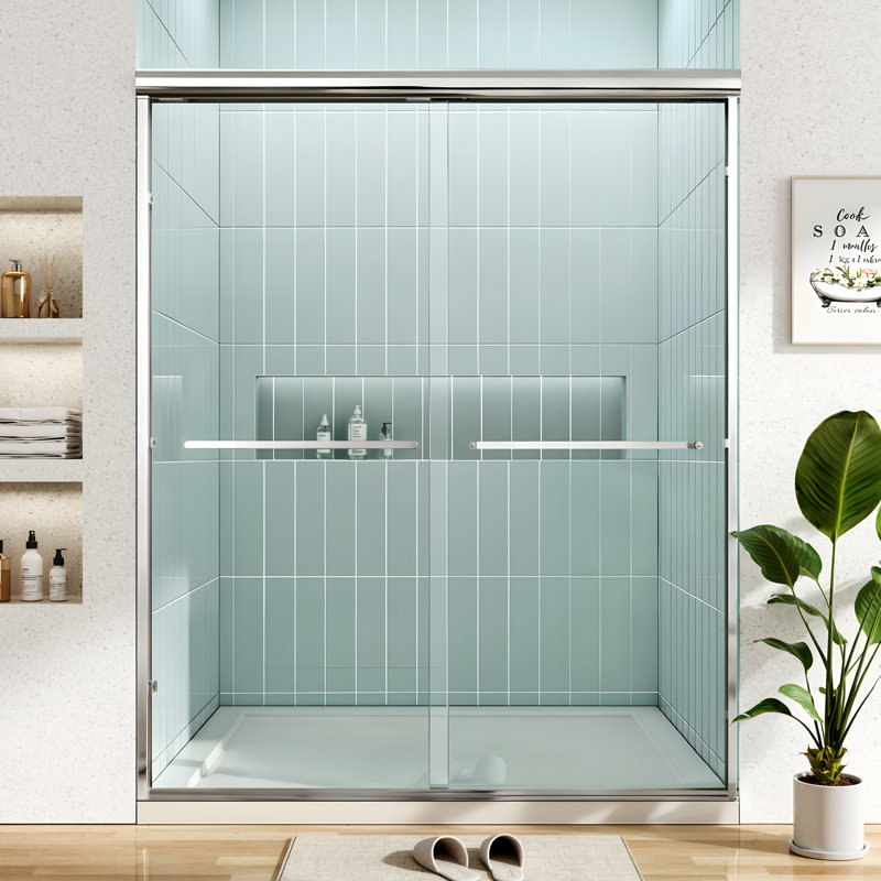  44-48" W X 72" H,1/4" Tempered Glass with Explosion-Proof Film Double Sliding Door Aluminum Frame Shower Door Chrome