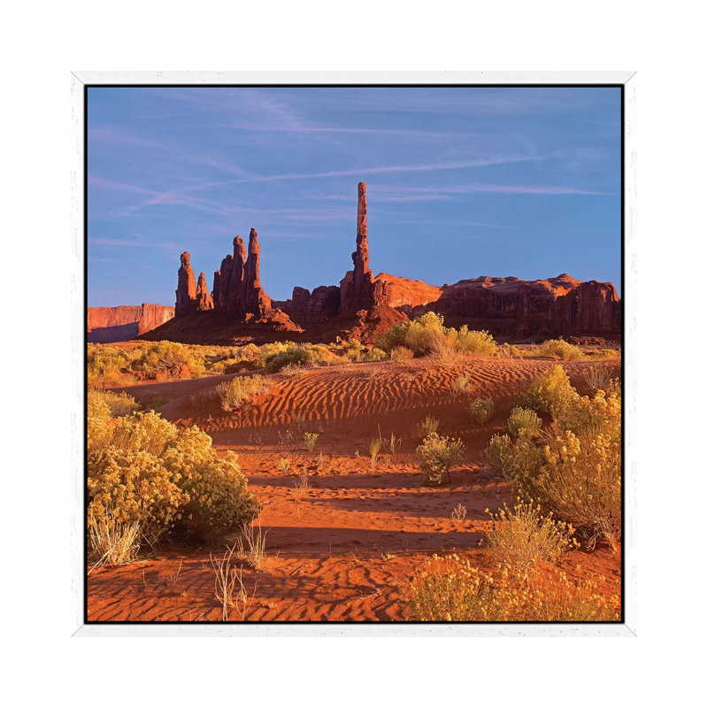 Totem Pole And Yei Bi Chei With Sand Dunes And Shrubs, Monument Valley, Arizona And Utah Border 1 Piece Wall Art on Canvas