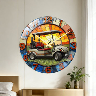 Stunning Vintage Golf Cart Wall Clock with Colorful Stained Glass Art - 24‘’ Modern Glass Wall Clock