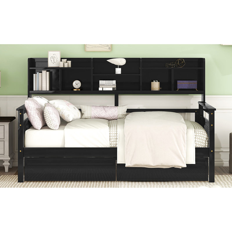 Lit de jour simple avec couleur, support en lattes de bois et grands compartiments de rangement, construction solide fonctionnelle