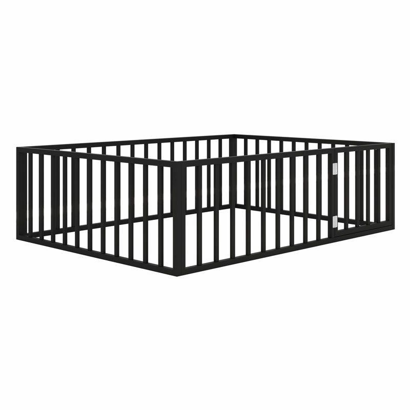 Floor Bed Frame With Fence And Door, Black