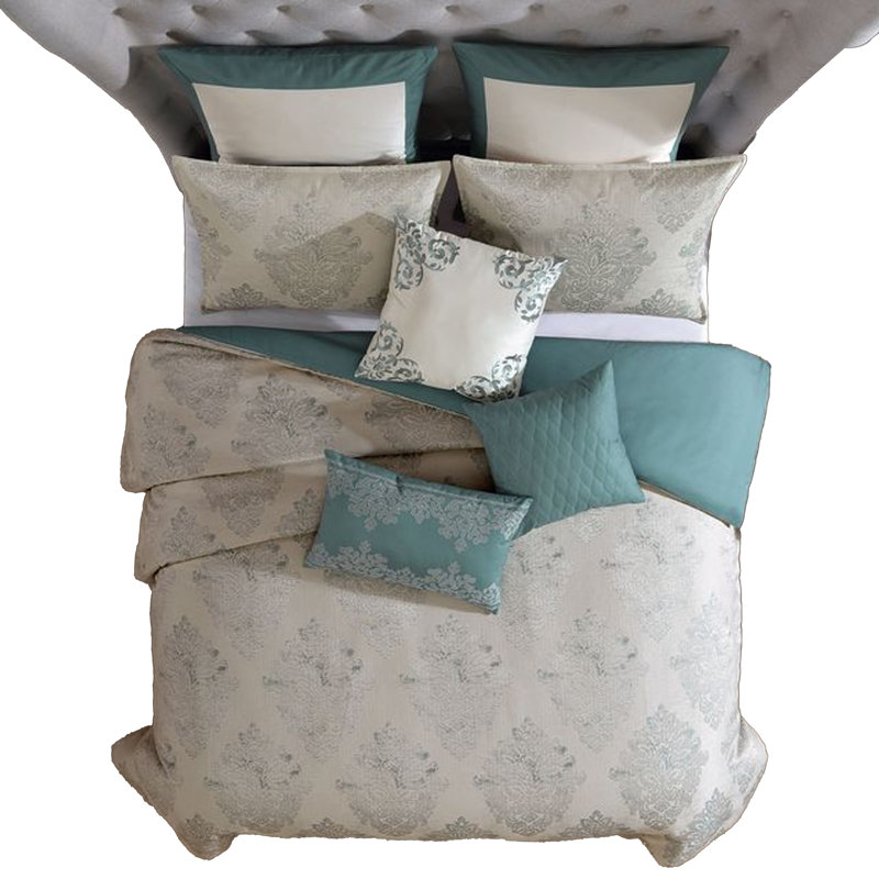 Regy, médaillon bleu gris, Édredon très grand + 5 taies décoratives très 