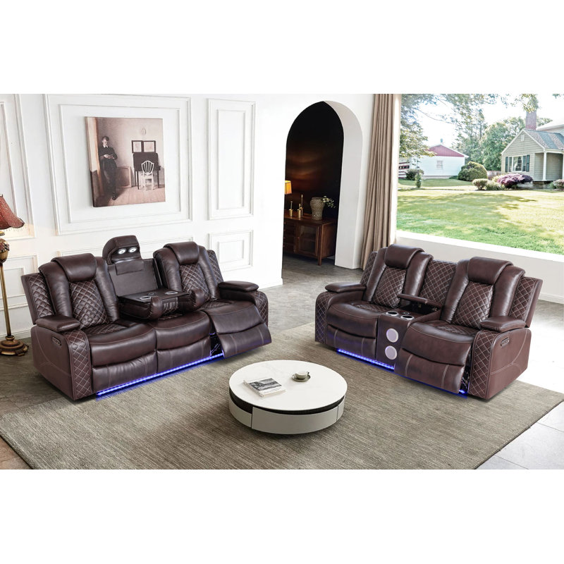 Codrina 2-Piece Power Reclining Living Room Set With Bluetooth Speakers, Wireless Charging & LED Lighting, Brown