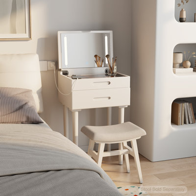 Solid Wood Vanity Set With Flip Top Mirror, Adjustable Lights, Glass Tabletop And Stool For Small Spaces