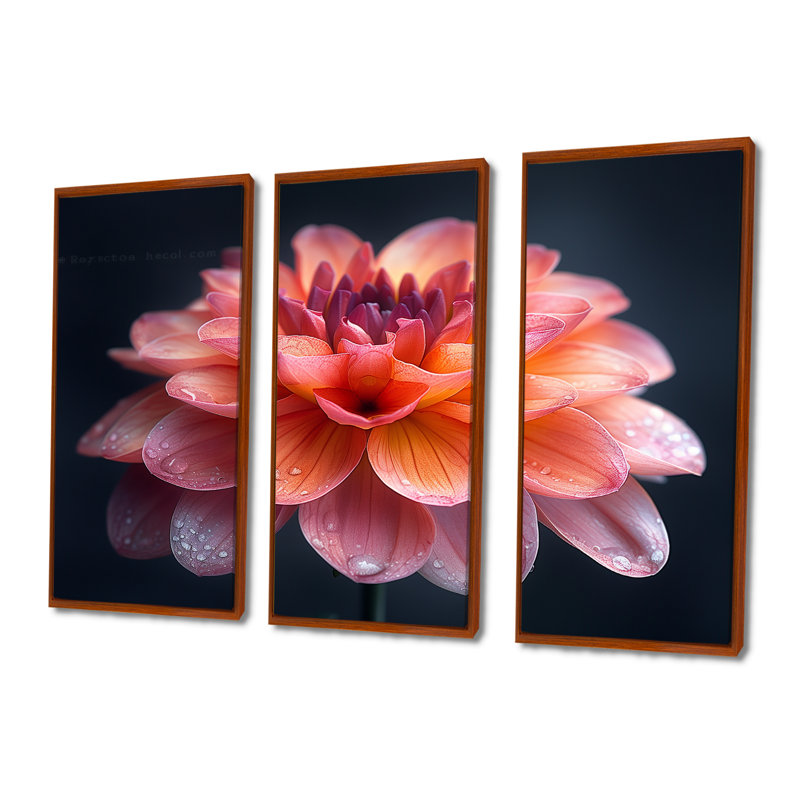 Ensemble de décorations murales roses et orange, Toile avec cadre flottant brun, H 28 po x l 36 po x P 1 po
