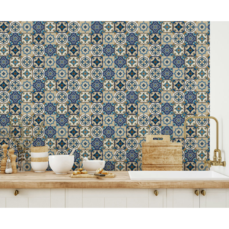 Blue Moroccan Tile Pattern Wallpaper in Navy and Cream, 106"L x 187"W