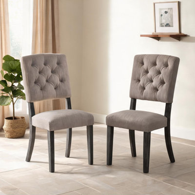 Slate gray linen tufted side chair set of 2 for dining rooms, transitional style with weathered oak finish