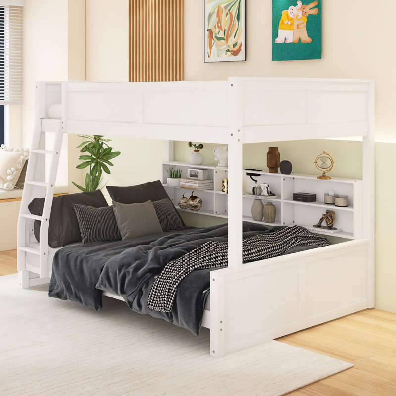 Lit double superposé au-dessus de grand lit double avec armoires de rangement et ports USB, Lit superposé double sur grand