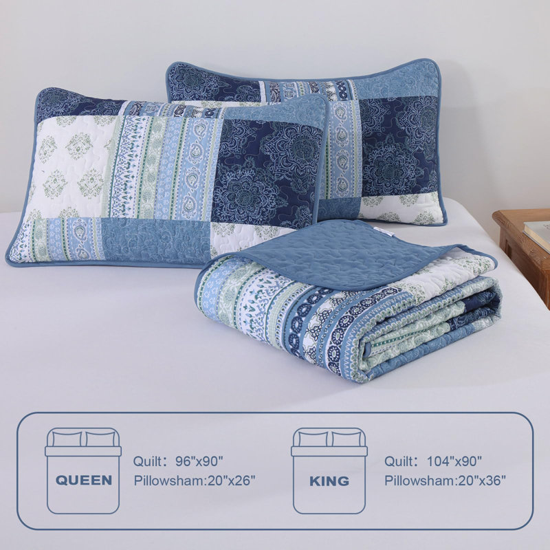 Ensemble de literie réversible 3 pièces Boho, Courtepointe de grande taille et 2 taies décorati, Patchwork bleu