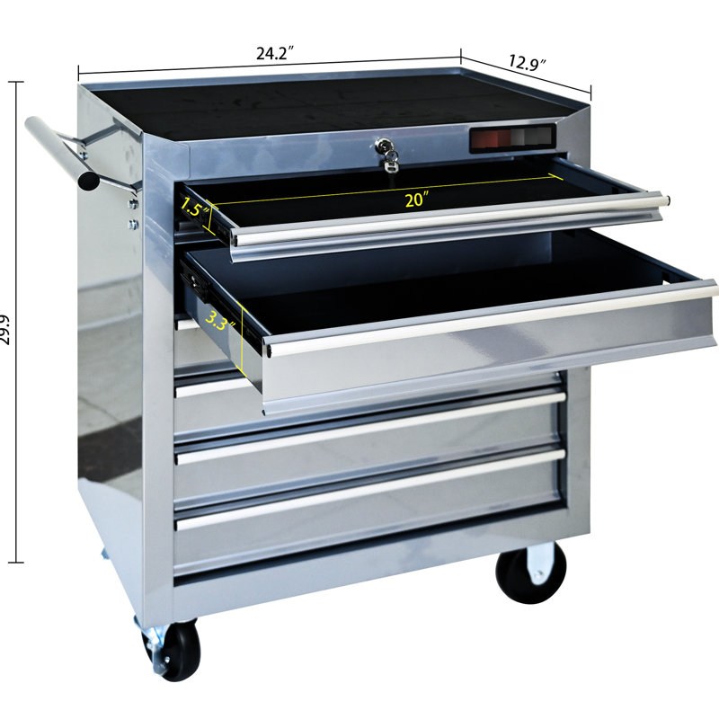 Chariot à outils avec roulettes Silver 7. Glissière à roulement de 15 kg. Armoire verrouillable. Structure en acier robuste. 4 tiroirs, 2 freins inclus, 7 tiroirs en argent. Glissoire pour le garage. Système de tiroirs. Cadre solide.