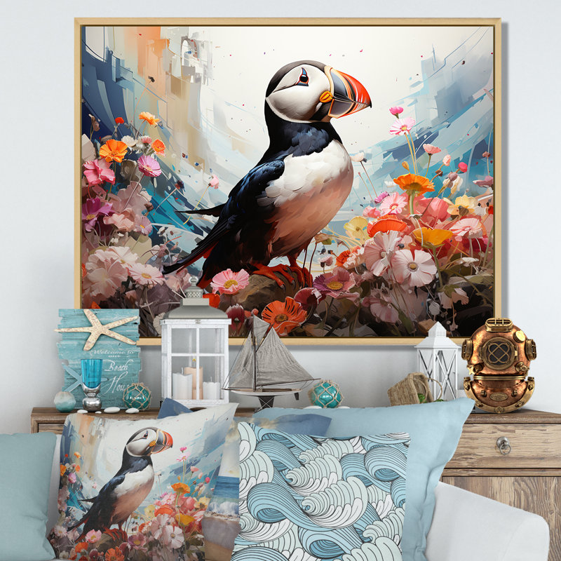«Morden Puffin Bird Portrait III», art mural animaux côtiers, Cadre flottant brun, H 12 po x l 20 po x P 1 po