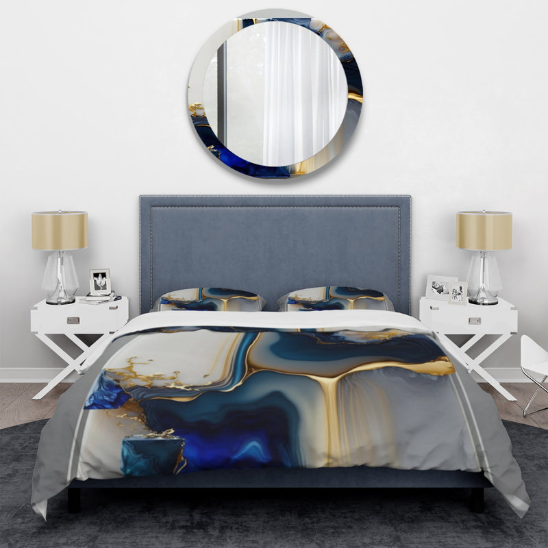 Forme géométrique abstraite en marbre doré et bleu I - ensemble de housse de couette moderne - microfibre de polyester