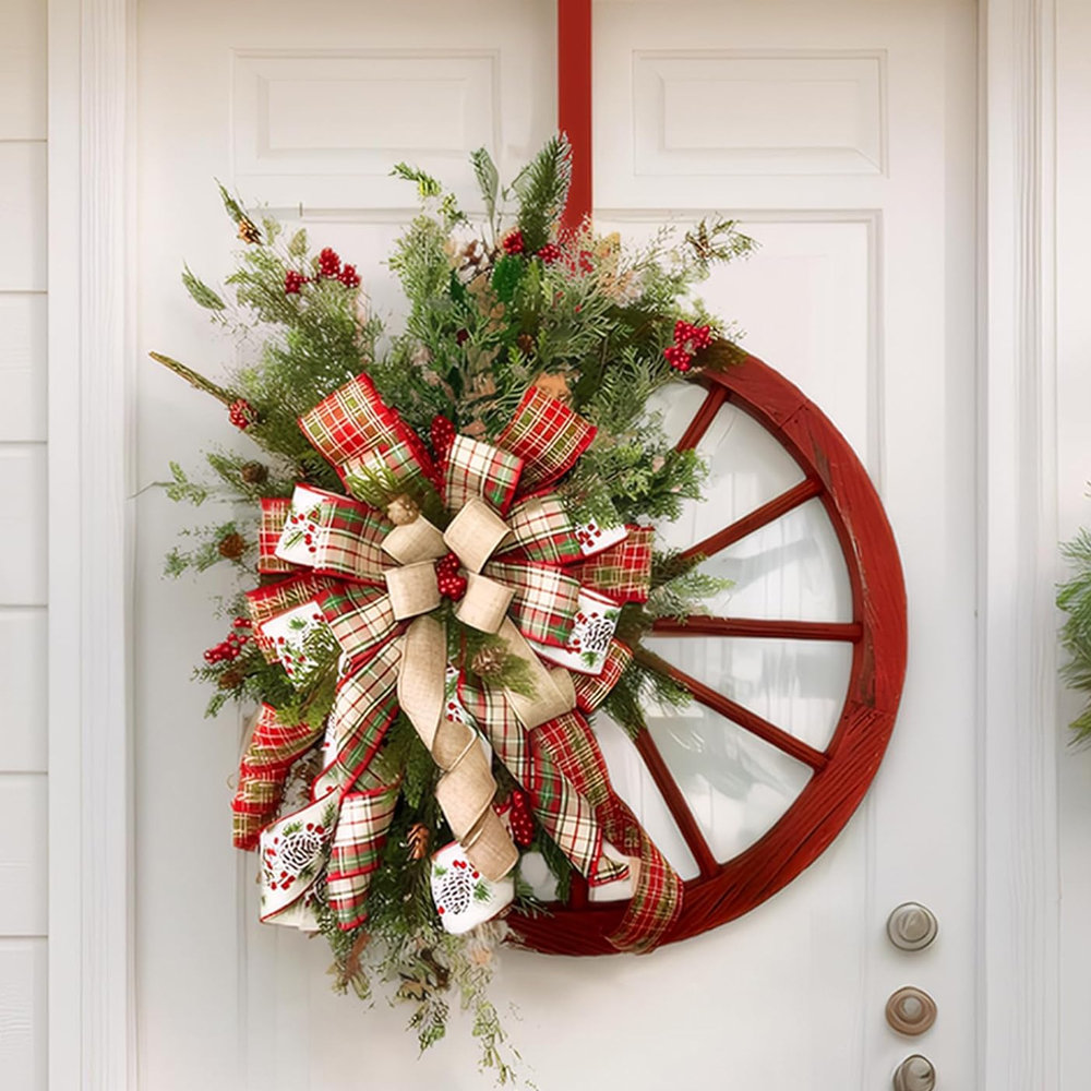 The Holiday Aisle® Christmas Wreath, 15.75 Inch Faux Plaid Bow Holiday Pinecone Wreath, Door Curtain Decorative Hanging Decoration for Door Decoration & Christmas Party Setups | Wayfair
