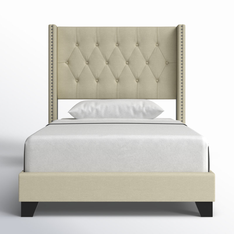Lit standard tapissier Sanders, Simple, Lin beige