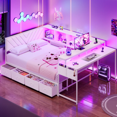 Full Daybed with Desk, 4 Storage Bookcases and 4 Drawers, Convertible Corner Bed Frame with LED Light and Power Strip, Esports-Style Full Size Gaming Beds for Teens, Space-Saving Guest Bed for Small Rooms, White