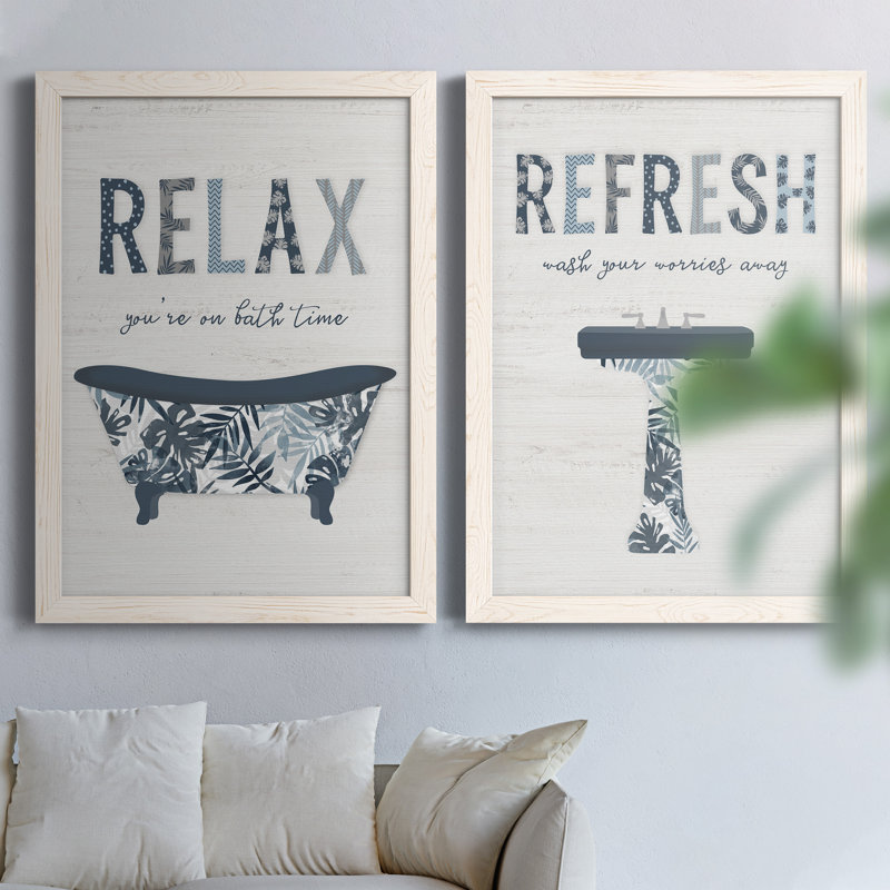 Palm Bath I - Ensemble de 2 encadrements d'art textuel sur toile, H 31,5 po x l 47 po x P 1,5 po, Toile blanche encadrée