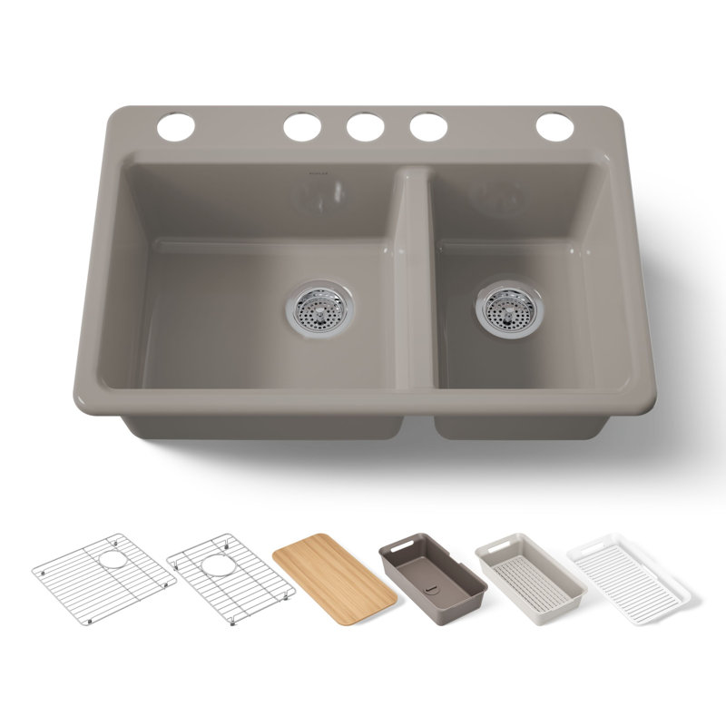 Riverby 33" undermount double-bowl workstation kitchen sink, Truffle