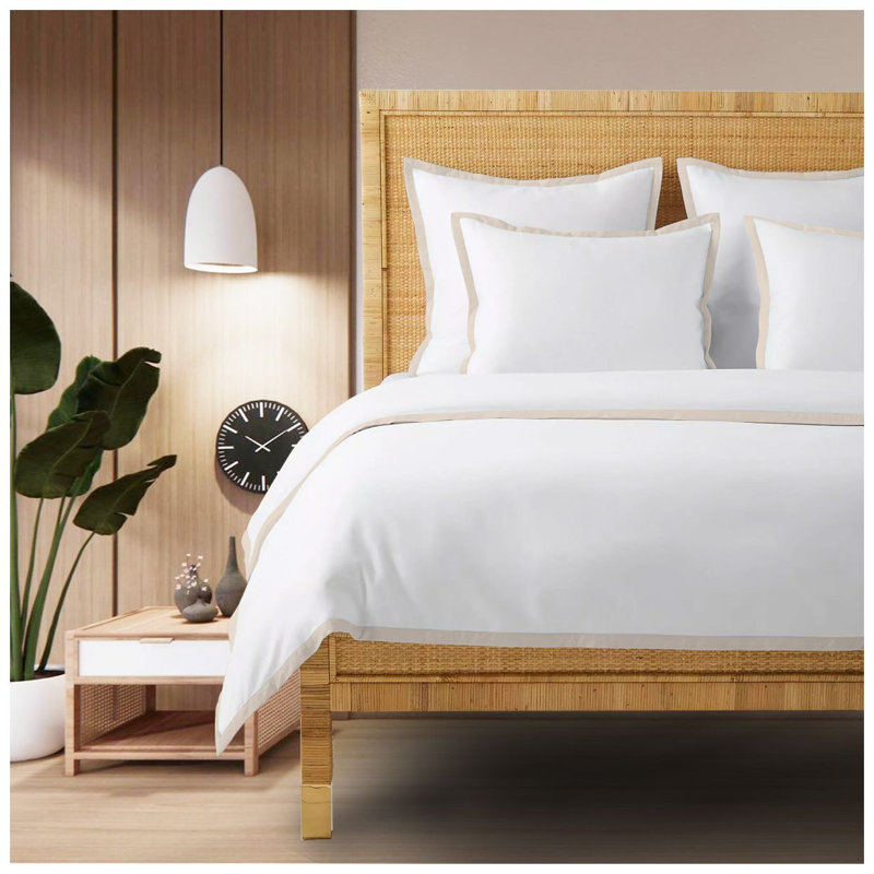 400TC Cotton Sateen Edge Border Frame Duvet Cover Set, White/Ivory, Twin XL Duvet Cover + 2 Standard Shams