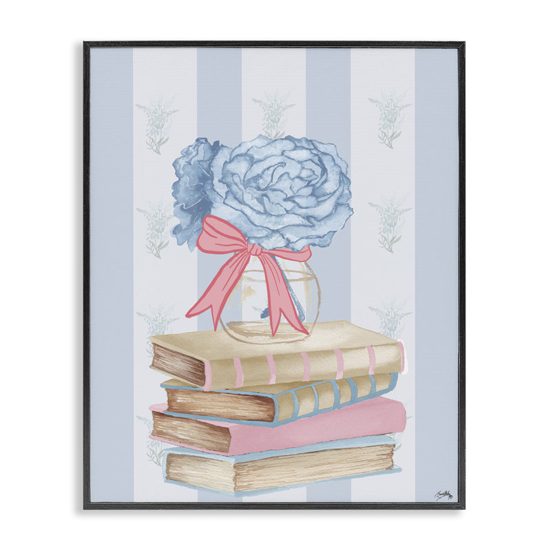 Livres empilés et hortensias bleus, estampe numérique, conception par Elizabeth Medley, H 14 po x l 11 po