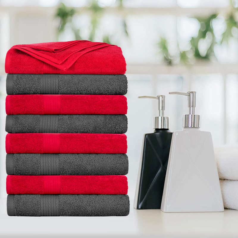 100% Cotton 600 GSM Bath Towels, Gray/Red