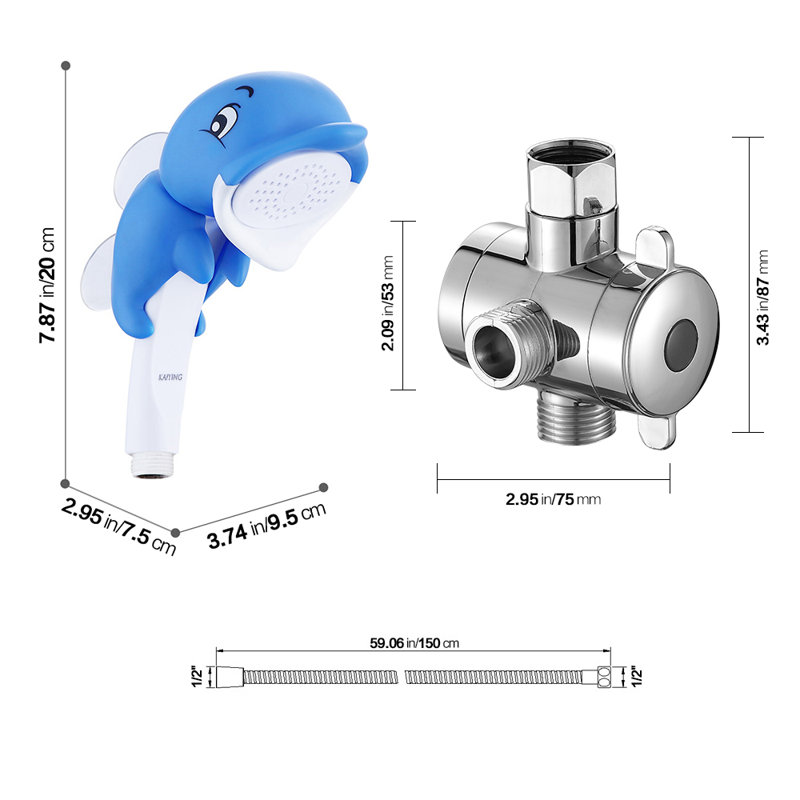 Children's Handheld Shower Head，Kids Showerhead With Hose & Diverter, Dollie, Blue, 7.87" H x 3.74" W x 2.95" D, Dollie