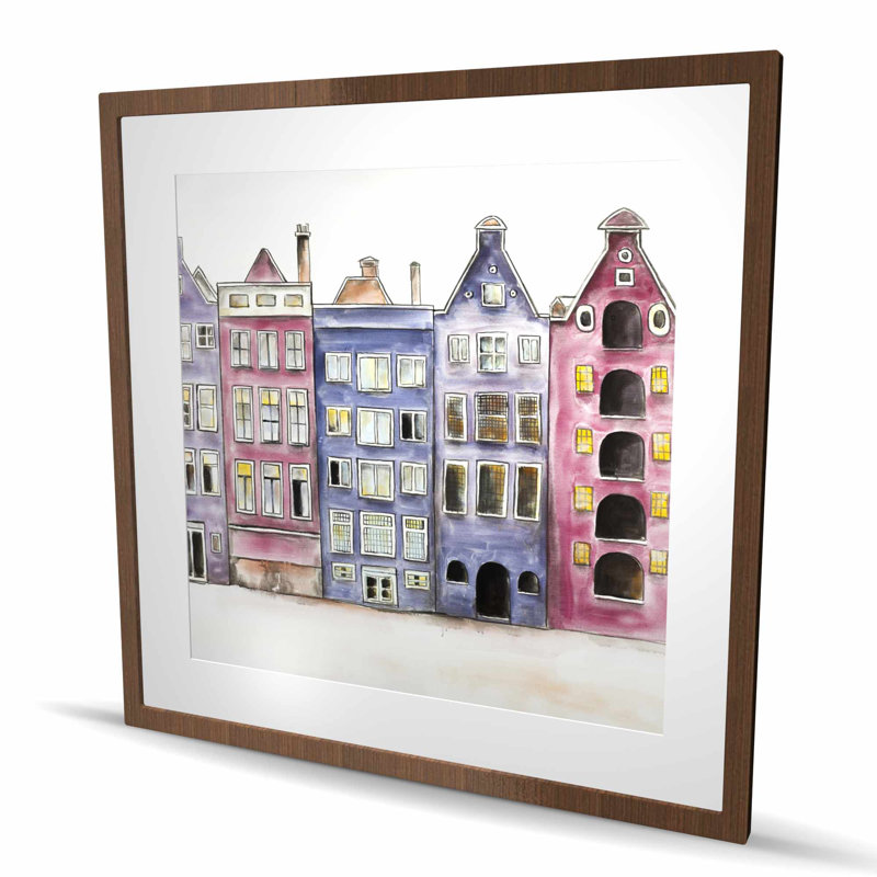 Vieilles maisons historiques, Amsterdam - villes roses, reproduction encadrée, Purple;Pink, Brown