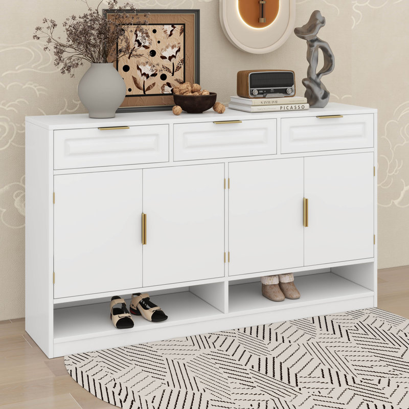 Farmhouse Style Sideboard Buffet With 3 Drawers & 4 Doors, Adjustable Shelf & Open Display Compartments, White
