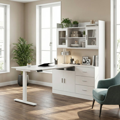 Bureau de coin électrique à hauteur réglable avec armoire de rangement et portes en verre