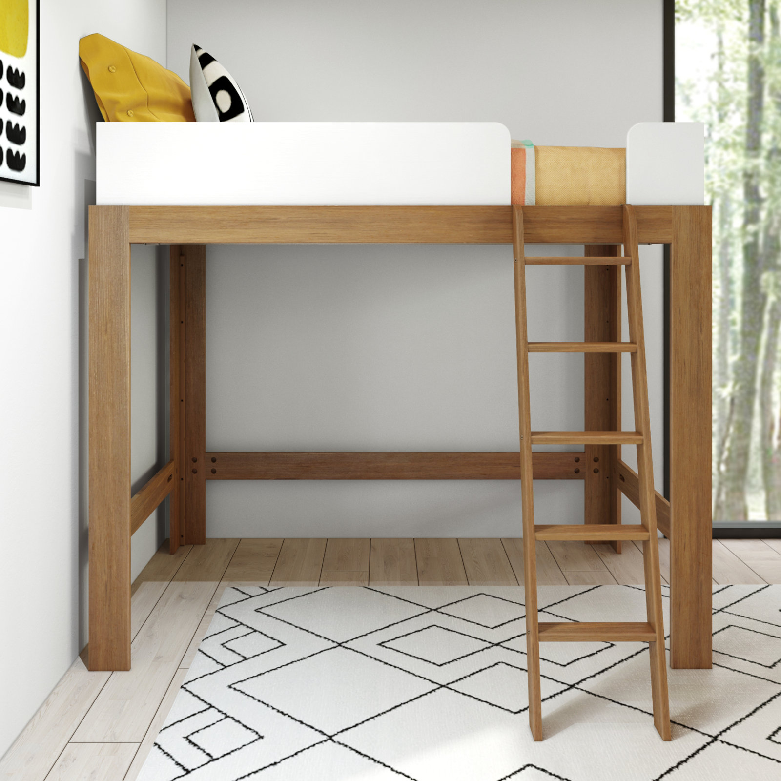 Ambur Twin Solid Wood Loft Bed, Brown/White