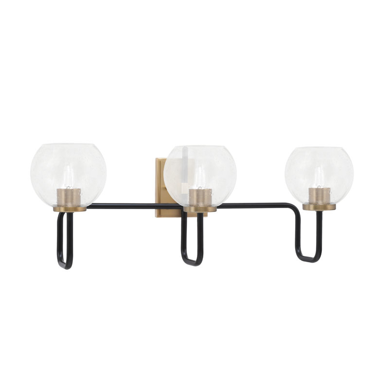 Barre d'éclairage de salle de bain 3 lumières Amarmula au fini noir mat et laiton vieilli, verre transparent 5,75 po, Clair