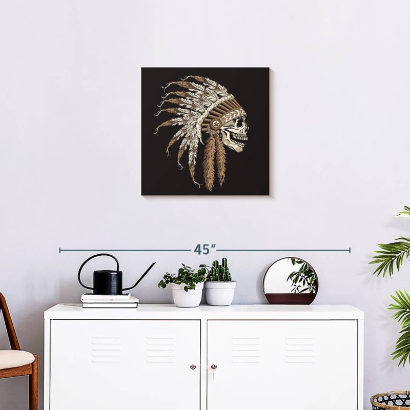 Skull Wearing Indian Headdress, 20" H x 20" W