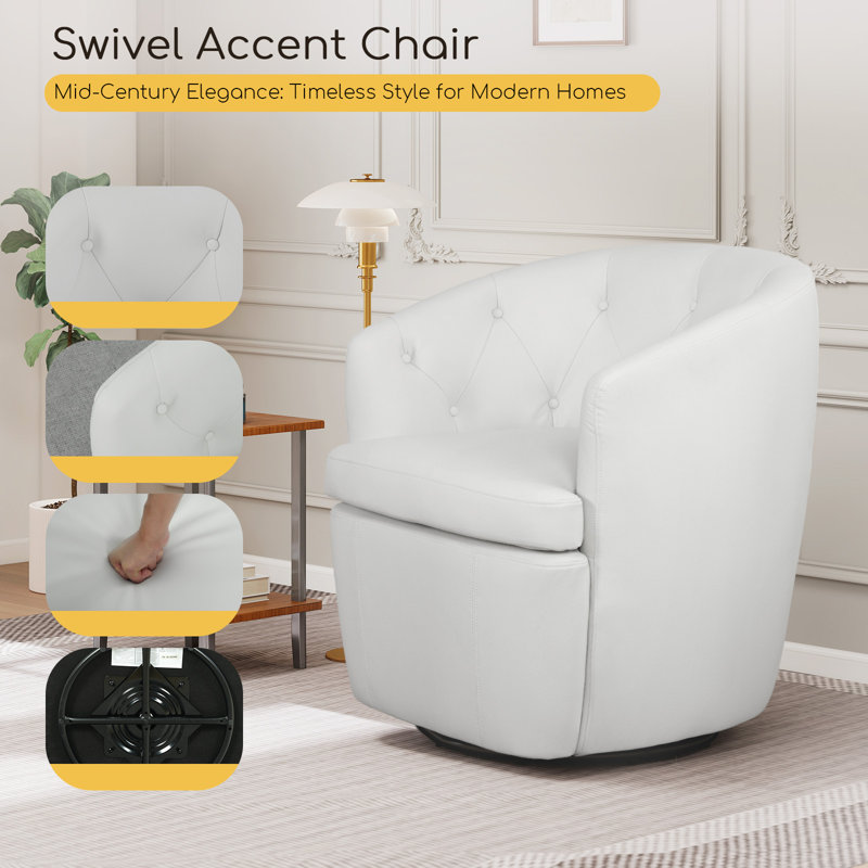 Classic Tuffted Upholstered Swivel Barrel Chair with Unique Recessed Arms, Black