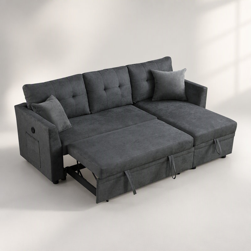Canapé-lit modulaire en L avec port USB, canapé-lit réversible avec lit escamotable et méridienne de rangement