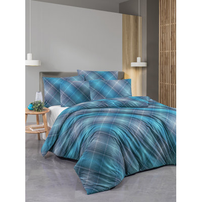 Luxury Ranforce Single XXL Quilt Cover Set, 100% Cotton, Blue & Dark Blue, Duvet Cover 61 x 87, Pillowcase 31.5 x 31.5 | Machine Washable, 145 Thread Count, Button Closure | Soft, Durable, Elegant Bedding