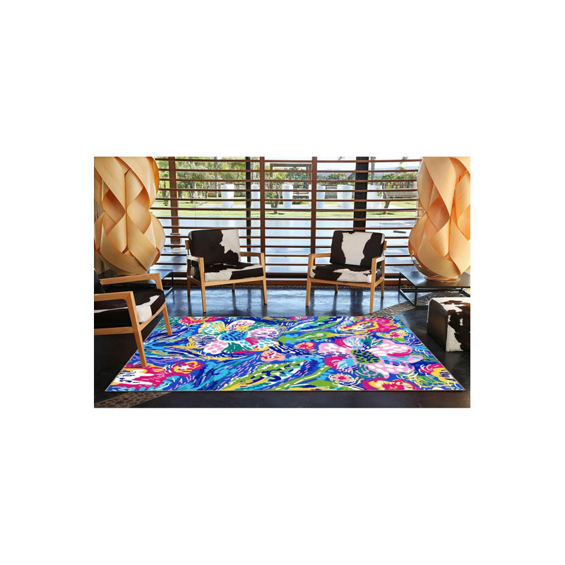 Tapis tissé à motif floral bleu et jaune lavable à la machine, Sous-tapis carré 3 pi 11 po inclus