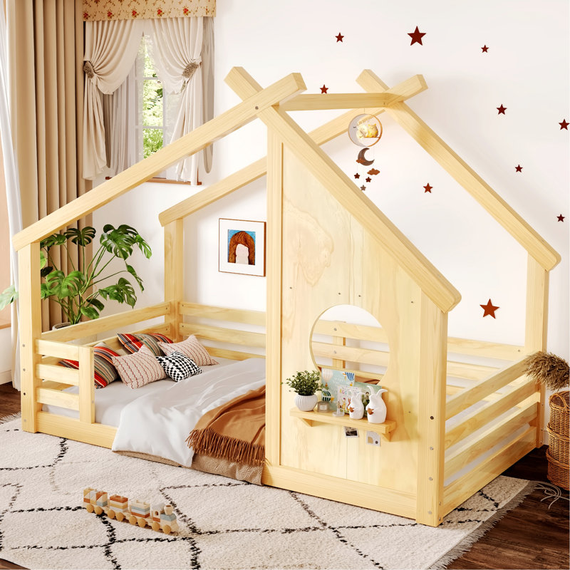 House-Shaped Floor Bed With Window And A Small Shelf, Lit simple, Natural