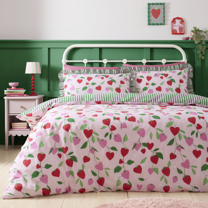Fun Strawberries Cotton Blend Floral Duvet Cover Set, Double
