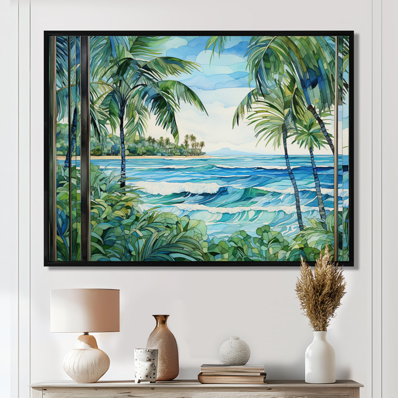 Tranquillité de plage tropicale - art mural côtier, H 12 po x l 20 po x P 1 po, Cadre flottant noir