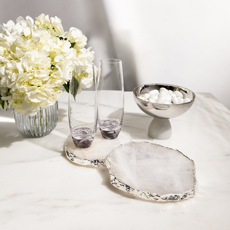 Organic-Shape White Glass and Silver Drink Coasters, Set of 2