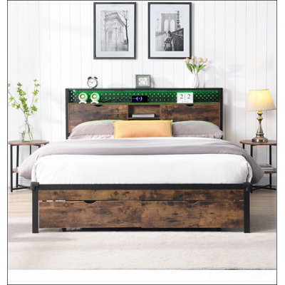 Queen Size Metal Platform Bed Frame With Wooden Headboard, Footboard, USB Charging, Storage Drawers, And LED Lights, Easy Assembly