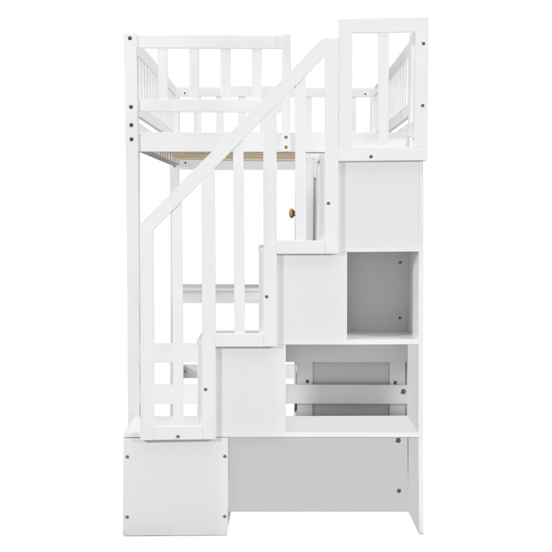 Lit mezzanine simple en bois avec bureau, lumière DEL, tablettes de rangement, armoires et escalier, Blanc