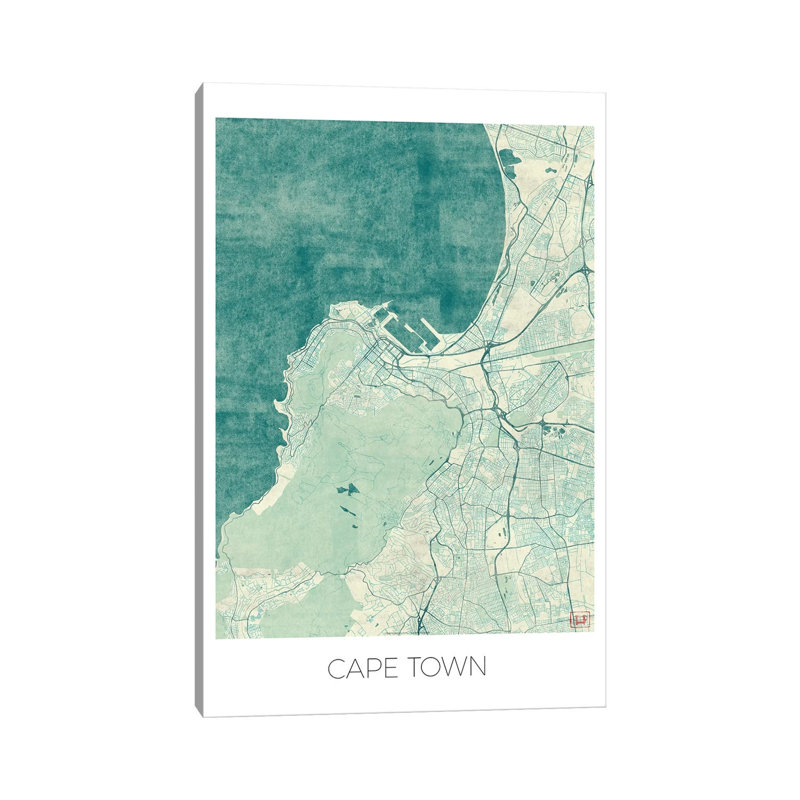 Cape Town Vintage Blue Watercolour Urban Blueprint Map by Hubert Roguski - Wrapped Canvas Gallery-Wrapped Canvas Giclée