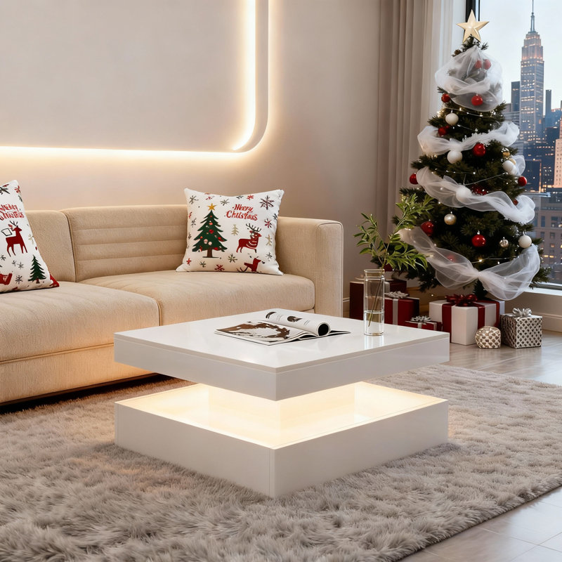 Table basse moderne ultrabrillante avec lumières à DEL de couleur 16 et tiroirs coulissants pour le salon, Blanc, 2