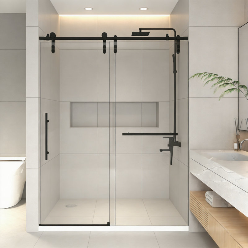 56-60"W x 76" H Frameless Sliding Shower Door with 5/16" (8mm) Clear Tempered Safety Glass Stainless Steel Hardware